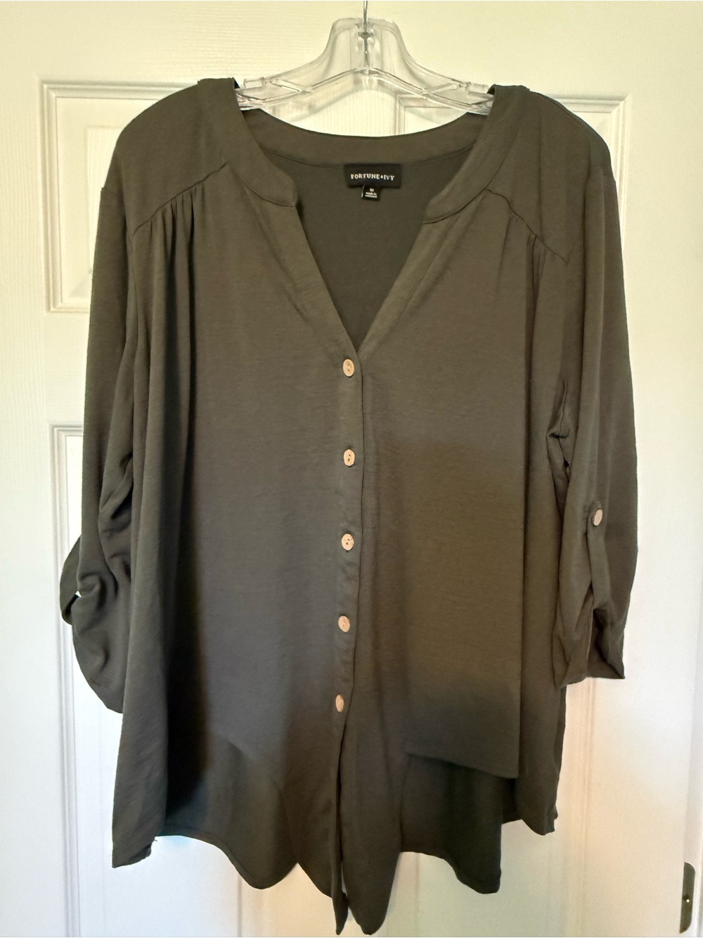 Fortune + Ivy Olive Button-Down Roll-Sleeve Top
